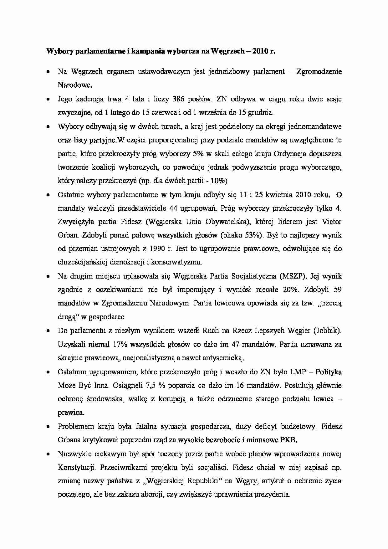 Wybory parlamentarne i kampania wyborcza na Węgrzech - wykład - strona 1