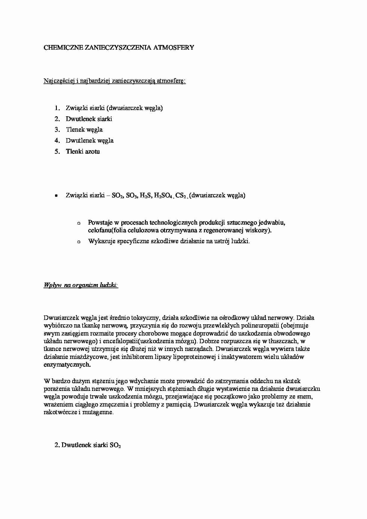 chemiczne zanieczyszczenia powietrza - omówienie(sem I) - strona 1