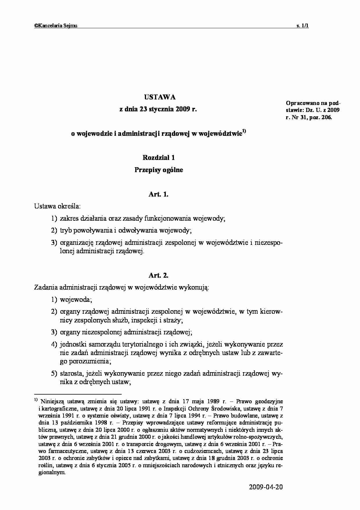 Prawo - ustawa o wojewodzie i administracji rządowej w województwie - strona 1