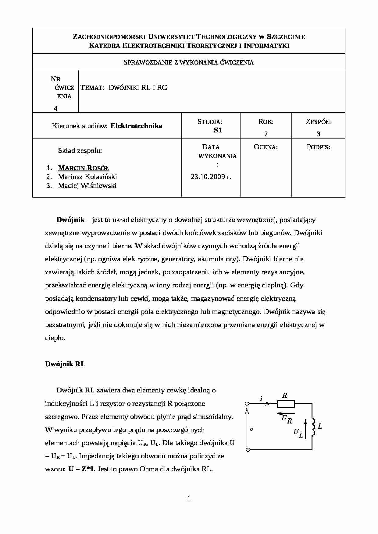 Elektrotechnika - sprawozdanie nr 1 - strona 1