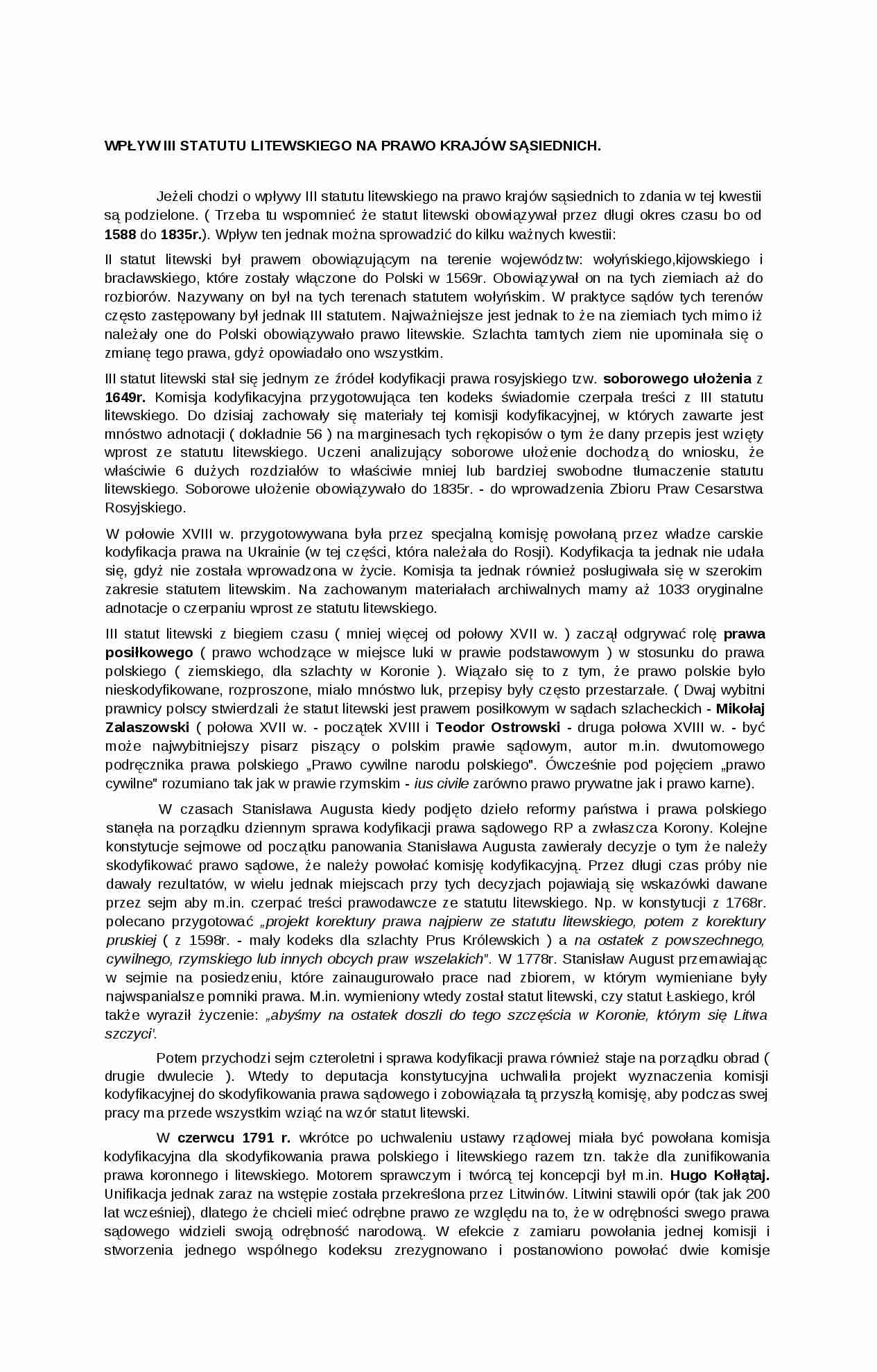 Wpływ III statutu litewskiego - wykład - strona 1
