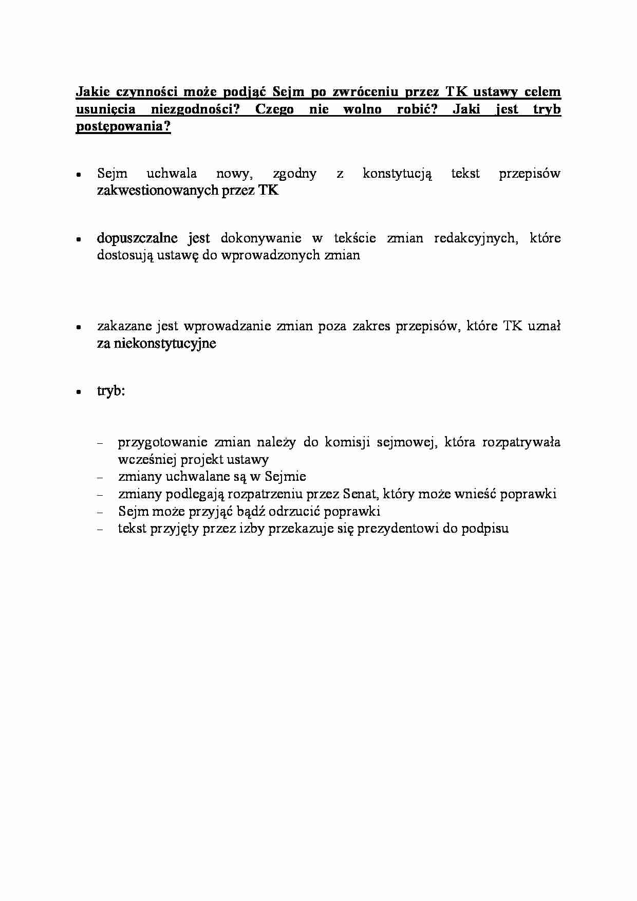 Czynności Sejmu po zwróceniu przez TK ustawy celem usunięcia niezgodnośc-opracowaniei - strona 1