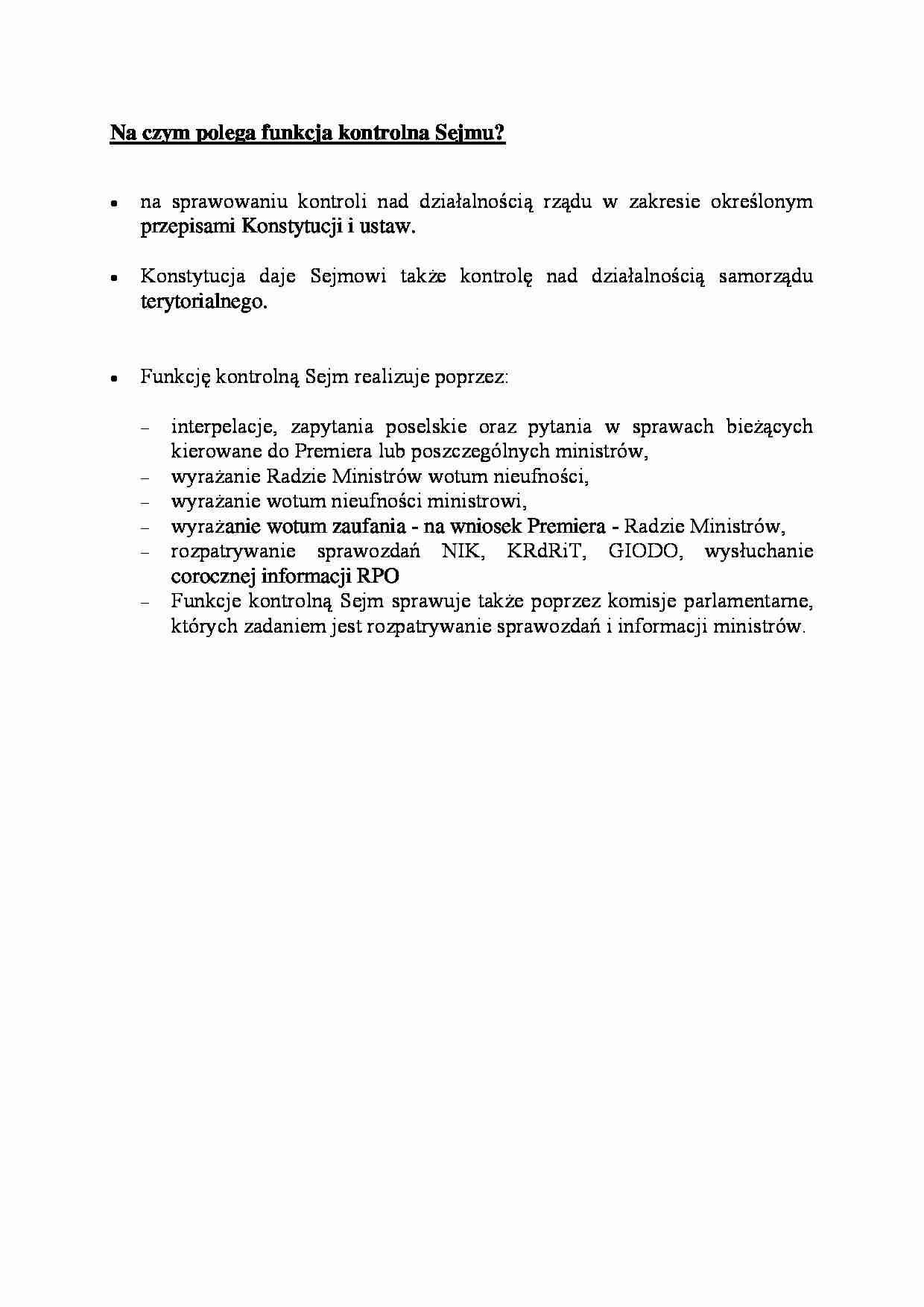 Funkcja kontrolna Sejmu - omówienie - strona 1