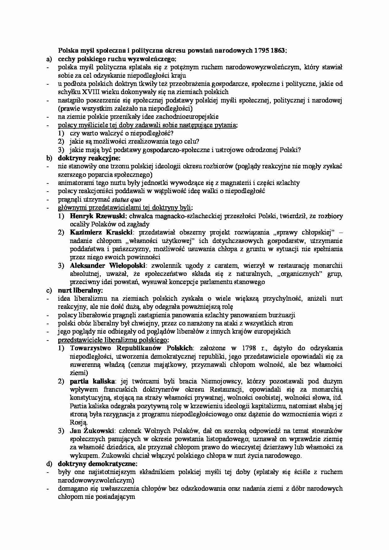 Polska myśl społeczna i polityczna okresu powstań narodowych - wykład - strona 1