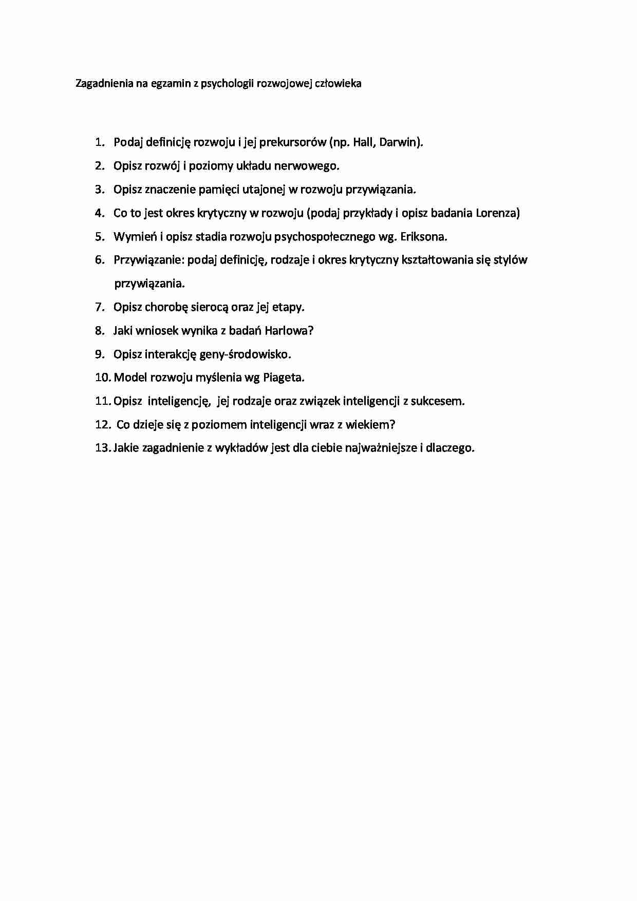 Psychologiar rozwoju czlowieka - zagadnienia na egzamin - strona 1