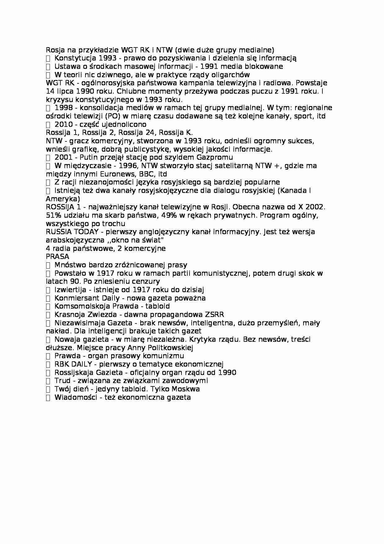  Systemy medialne - Rosja na przykładzie WGT RK i NTW - omówienie  - strona 1