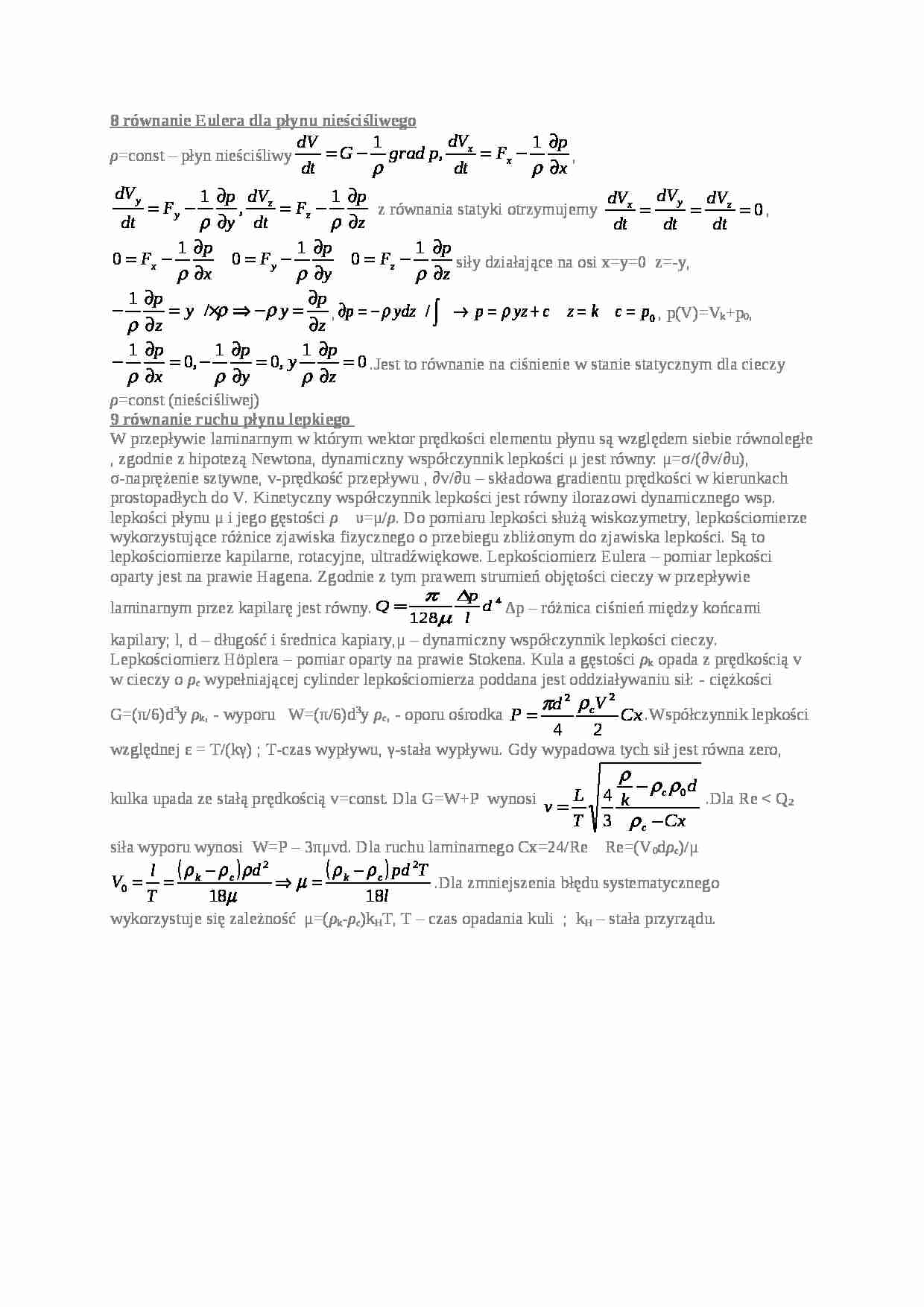 mechanika płynów - równanie Eulera - strona 1
