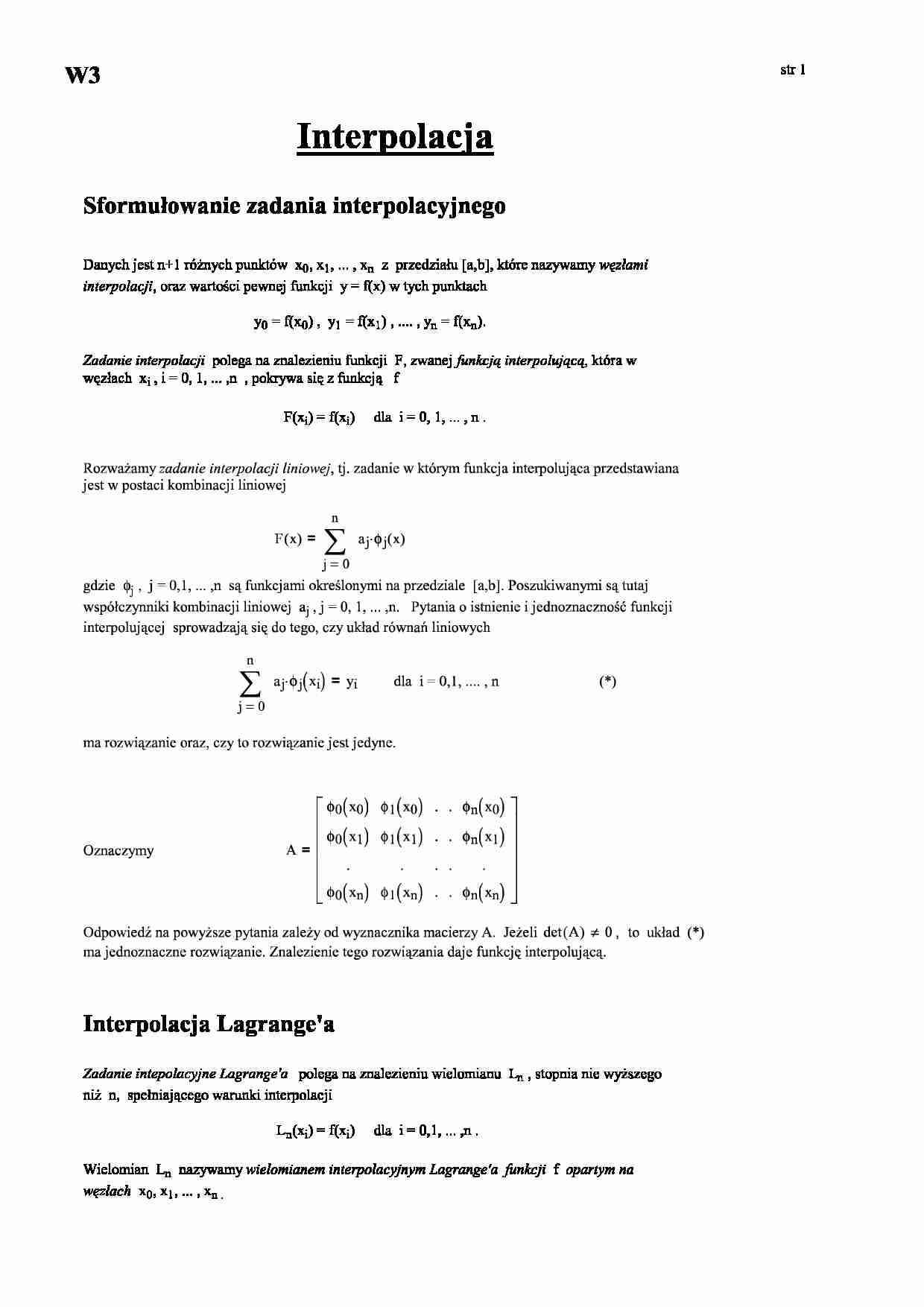 Interpolacja Langrange'a - sformułowanie zadania interpolacyjnego - strona 1