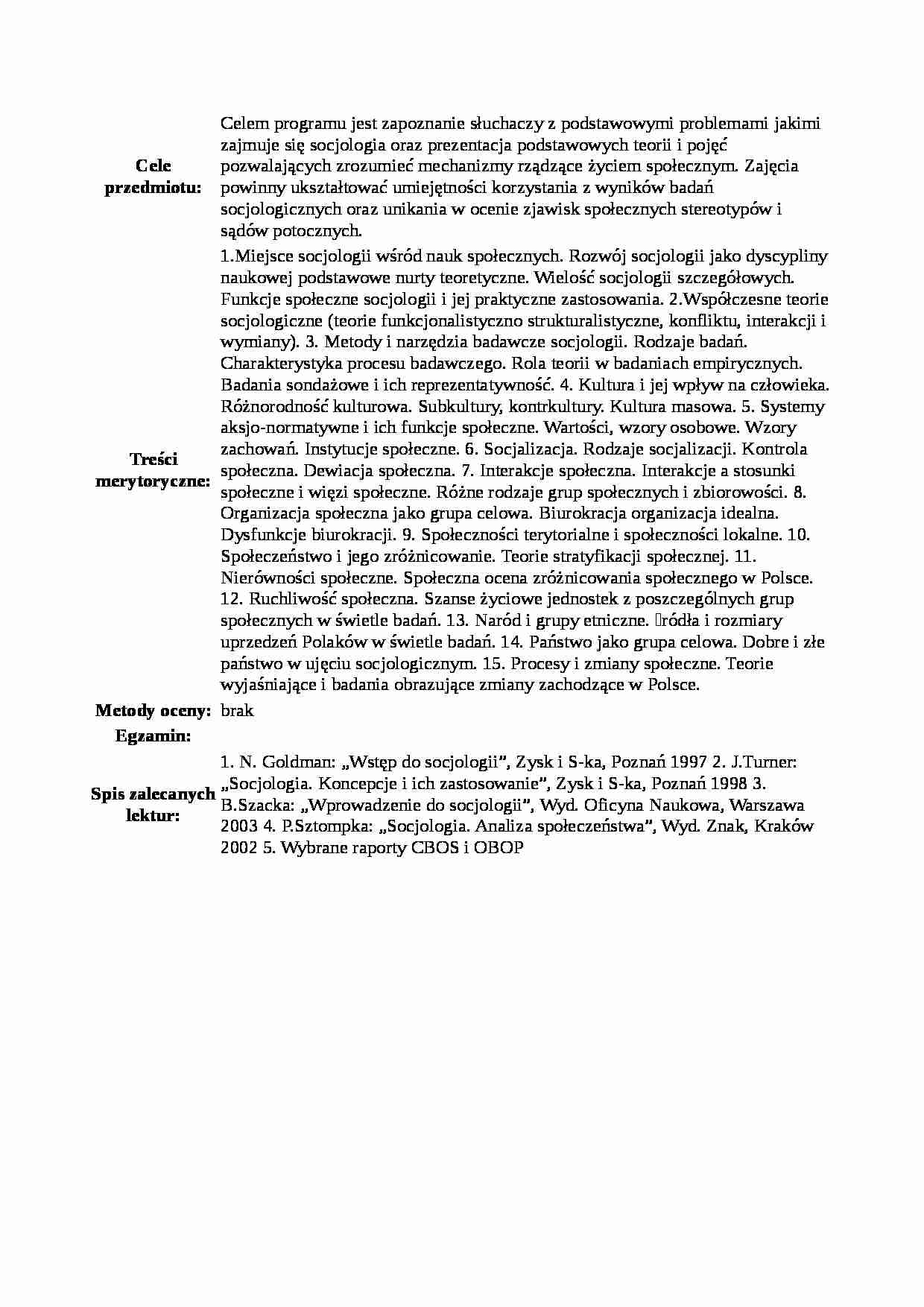 Sylabus - socjologia i metody badań socjologicznych - strona 1