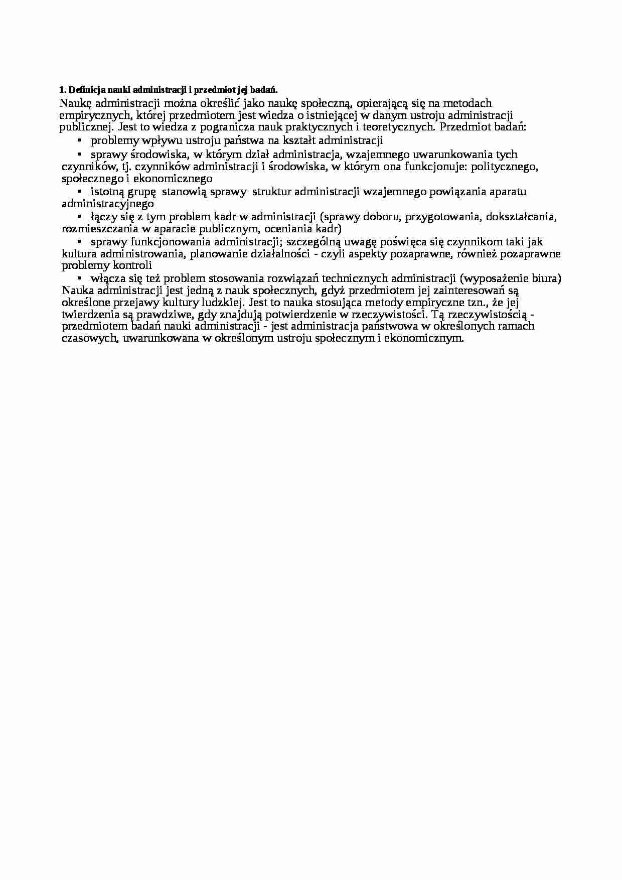 Definicja nauki administracji i przedmiot jej badań - wykład - strona 1