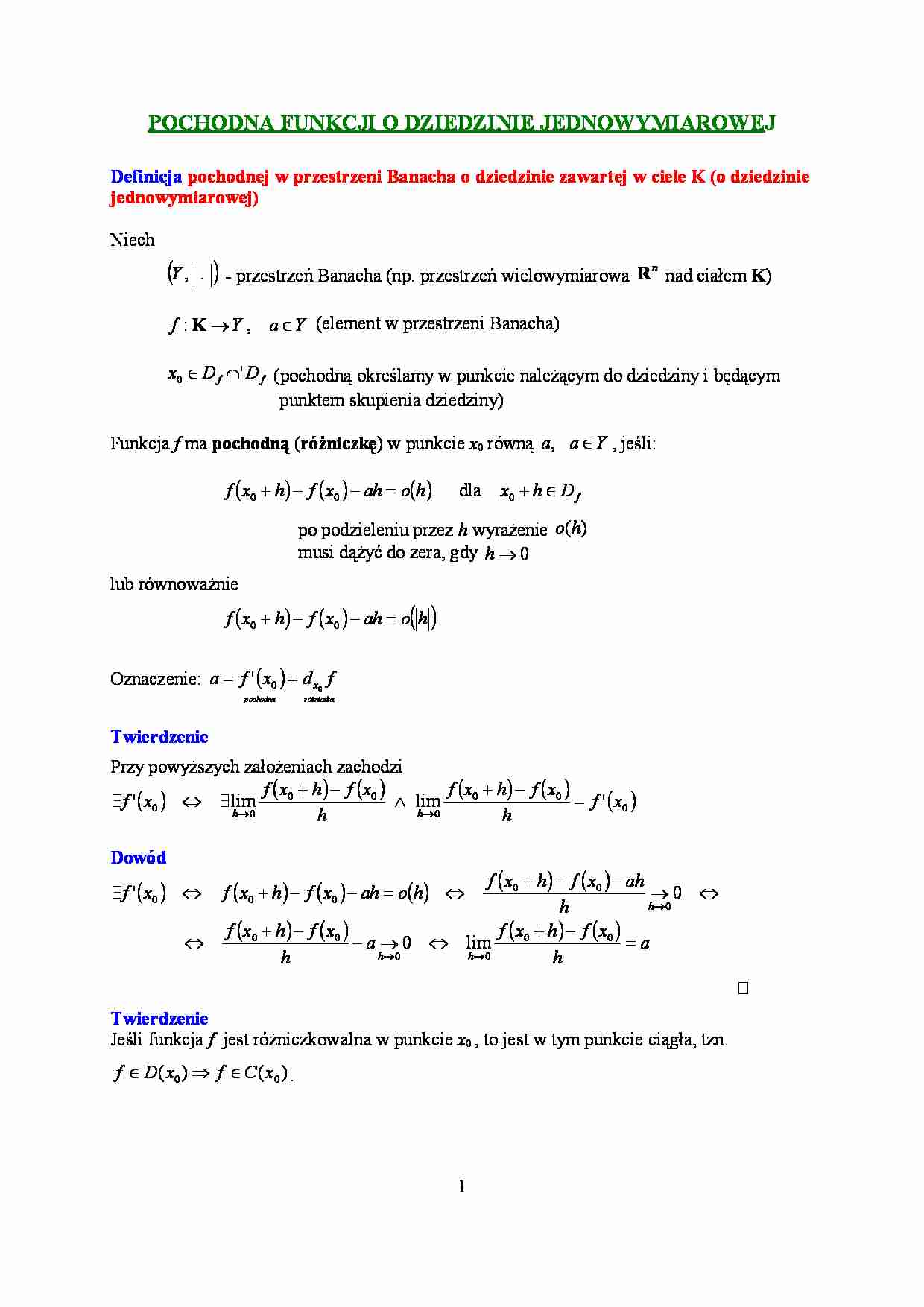 Pochodna funkcji o dziedzinie jednowymiarowej-opracowanie - strona 1