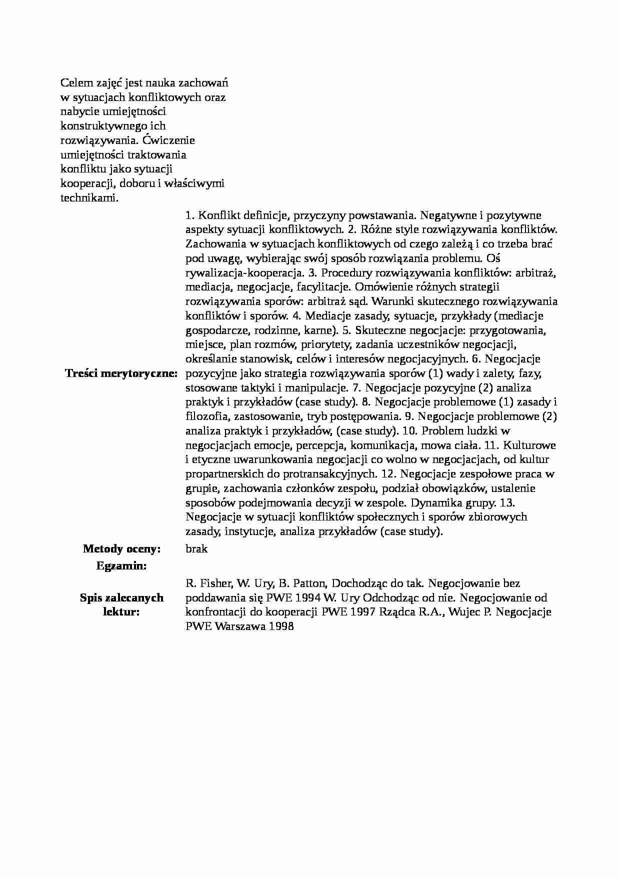 Techniki mediacji i negocjacji - Sylabus - strona 1