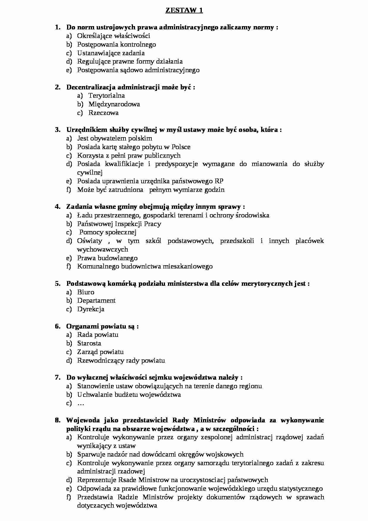  Prawo administracyjne -  Egzamin zestaw 1a - strona 1