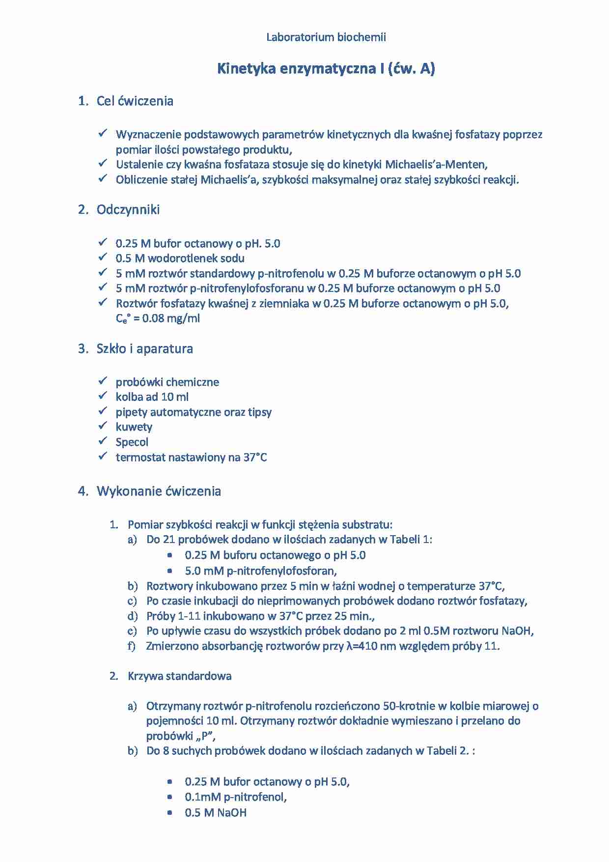 Kinetyka enzymatyczna- sprawozdanie - Fosfataza kwaśna - strona 1