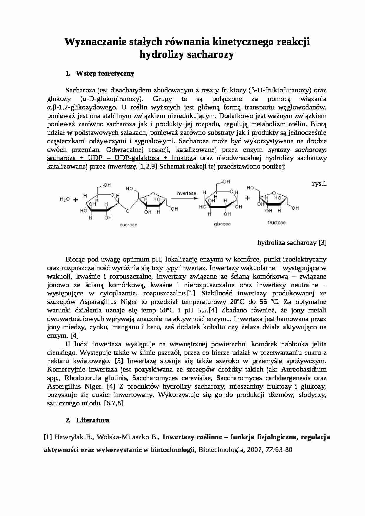 Wyznaczanie stałych równania kinetycznego reakcji hydrolizy sacharozy- opracowanie - strona 1