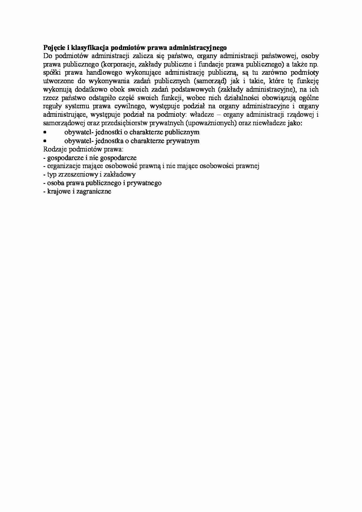Pojęcie i klasyfikacja podmiotów prawa administracyjnego - wykład - strona 1