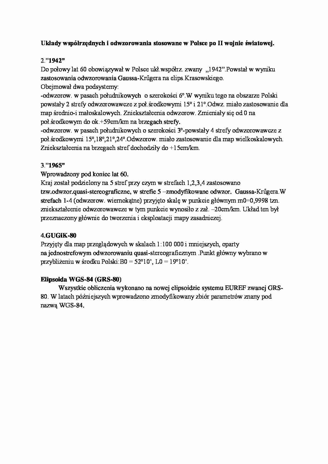 Układy współrzędnych i odwzorowania stosowane w Polsce po II wojnie światowej- opracowanie - strona 1