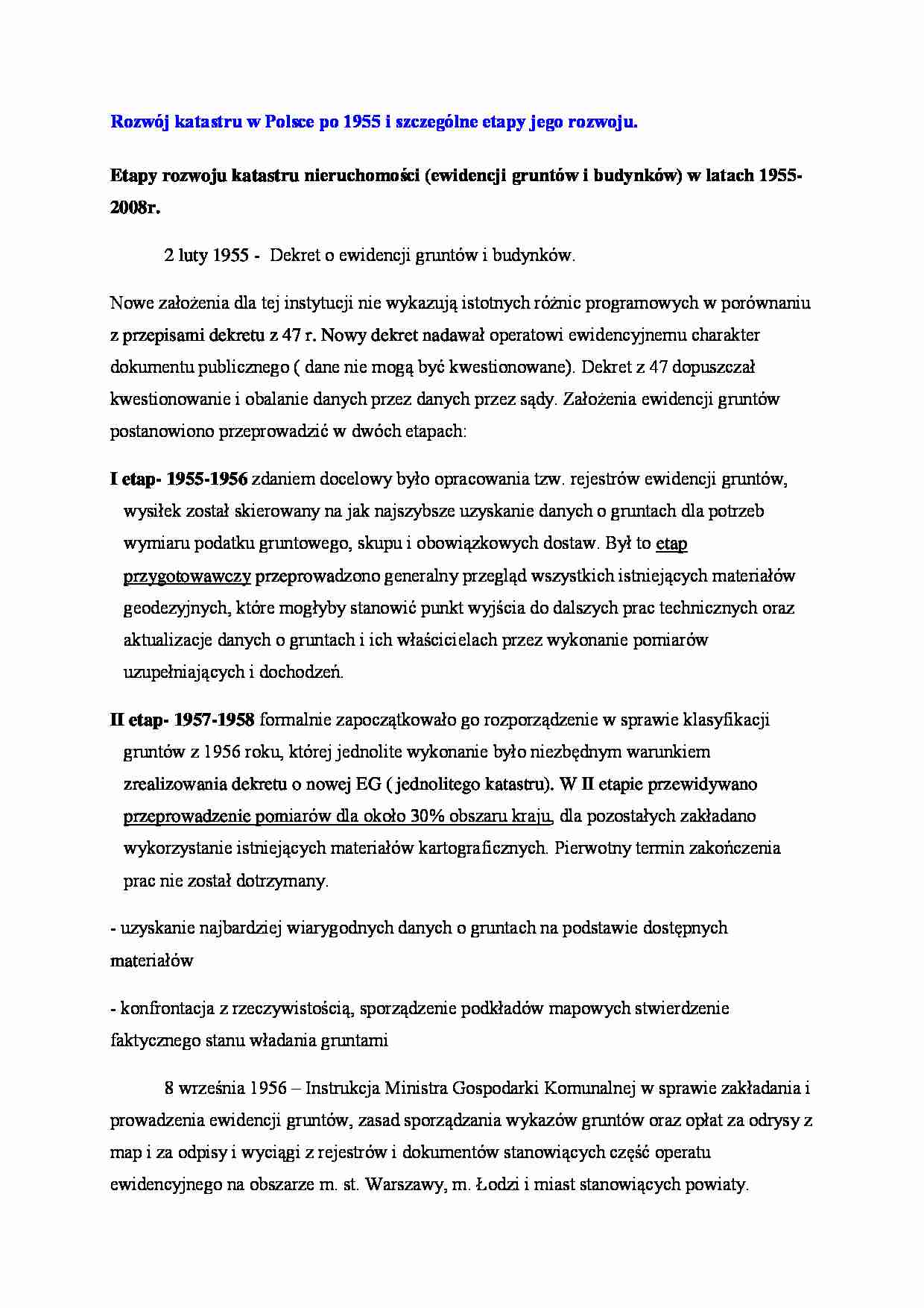 Rozwój katastru w Polsce po 1955 i szczególne etapy jego rozwoju- opracowanie - strona 1