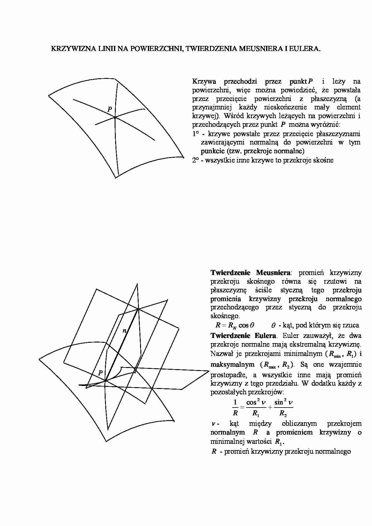 Krzywizna linii na powierzchnii, twierdzenia Meusniera i Eulera- opracowanie - strona 1