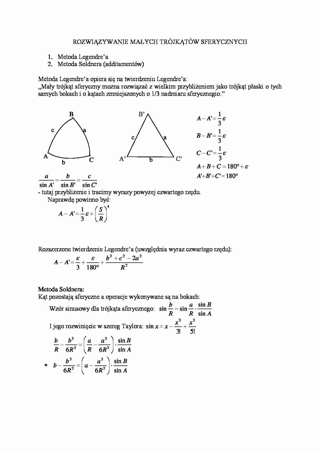 Rozwiązywanie małych trójkątów sferycznych- opracowanie - strona 1