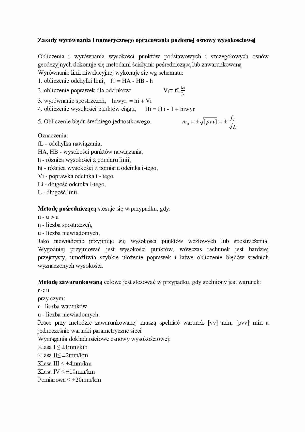 Zasady wyrównania i numerycznego opracowania poziomej osnowy wysokościowej- opracowanie - strona 1