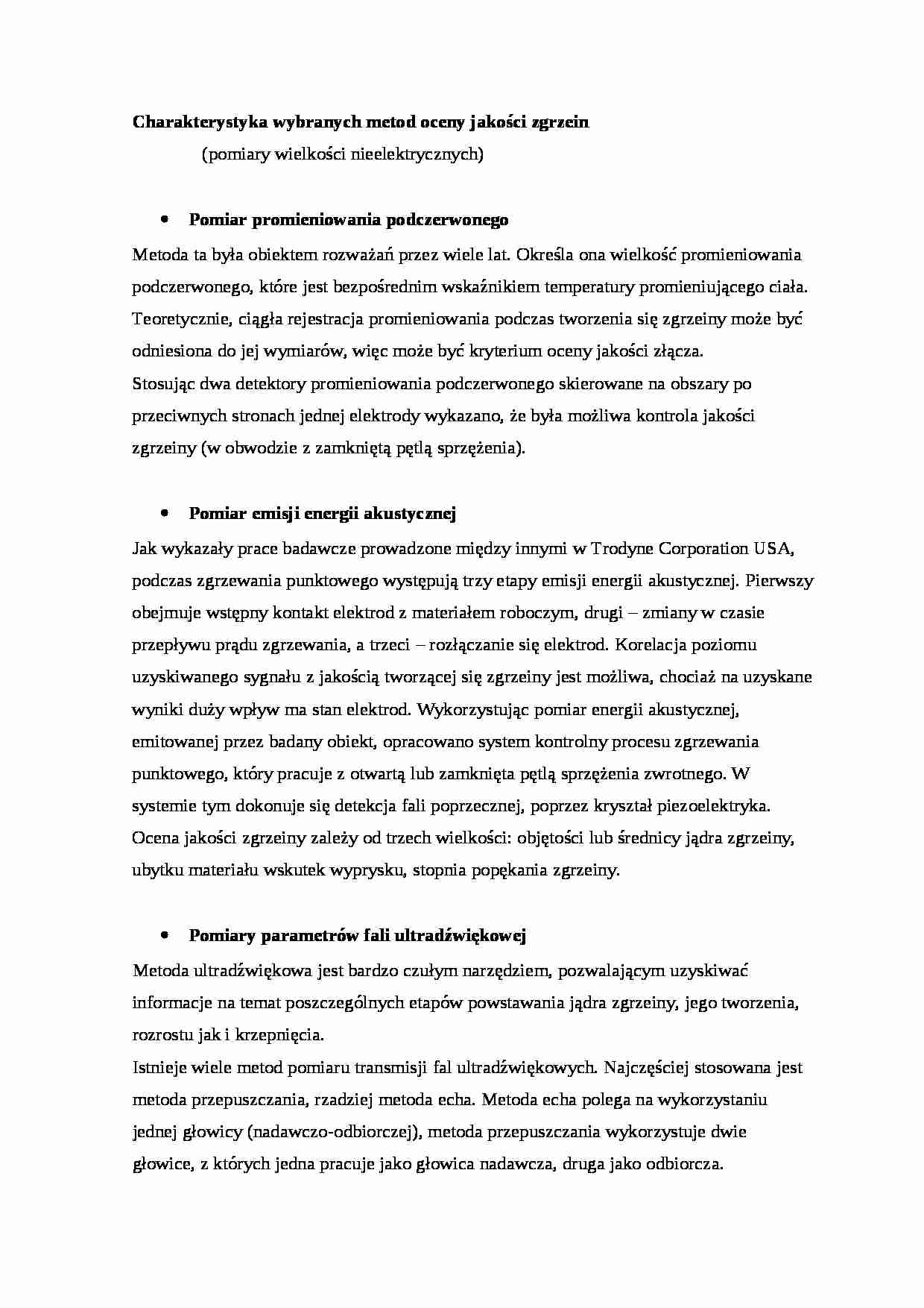 Charakterystyka wybranych metod oceny jakości zgrzein - wykład - strona 1