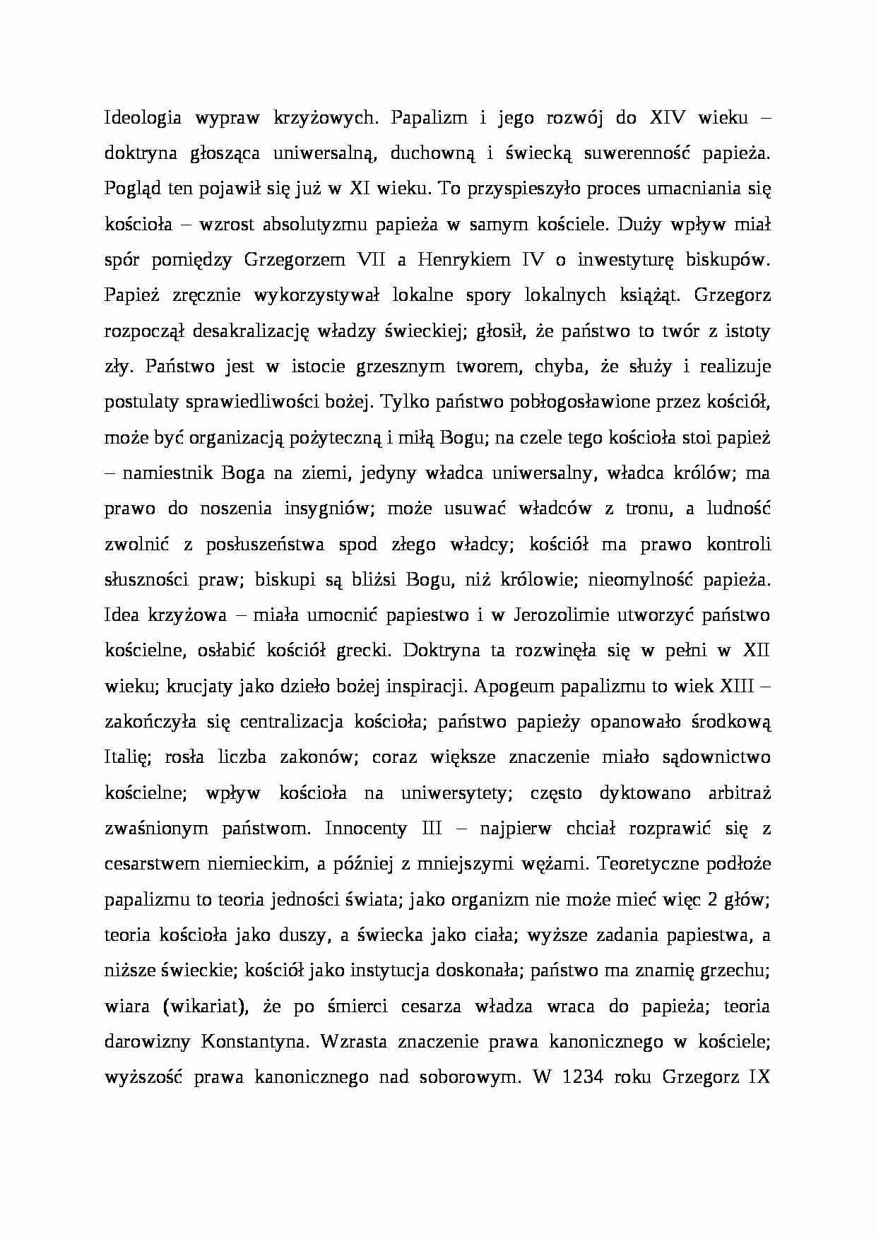 Ideologia wypraw krzyżowych; paplizm i jego rozwój do XIV w. - strona 1