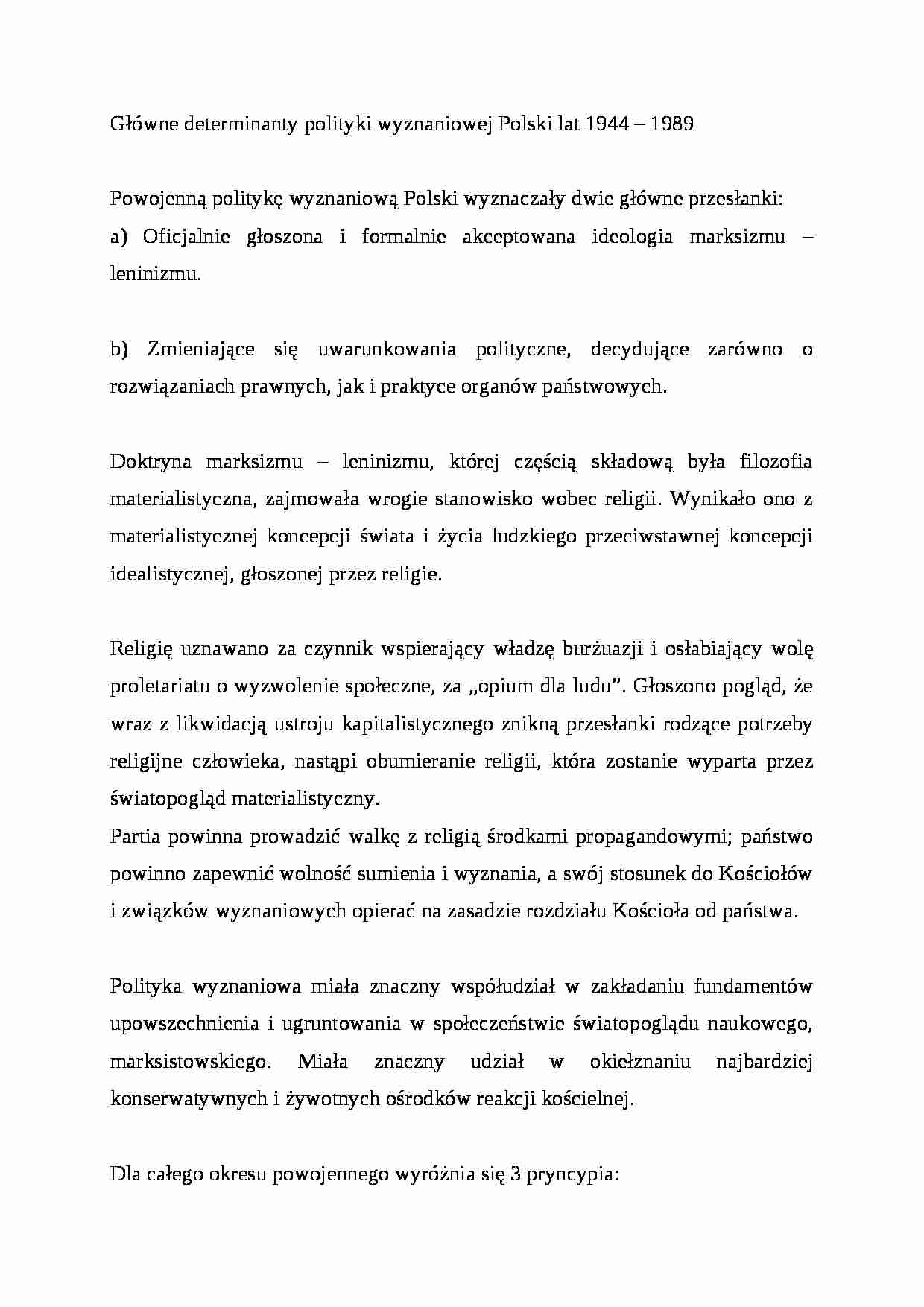 Główne determinanty polityki wyznaniowej Polski lat 1944-1989 - strona 1