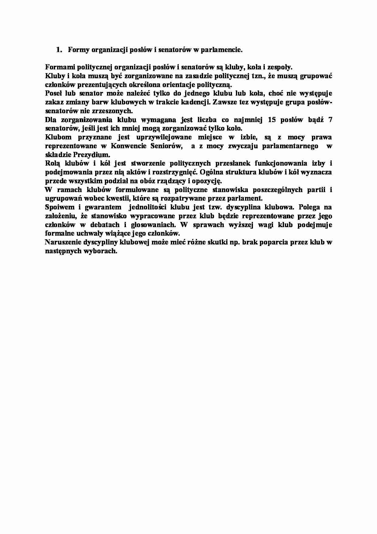 Formy organizacji posłów i senatorów w parlamencie-opracowanie - strona 1