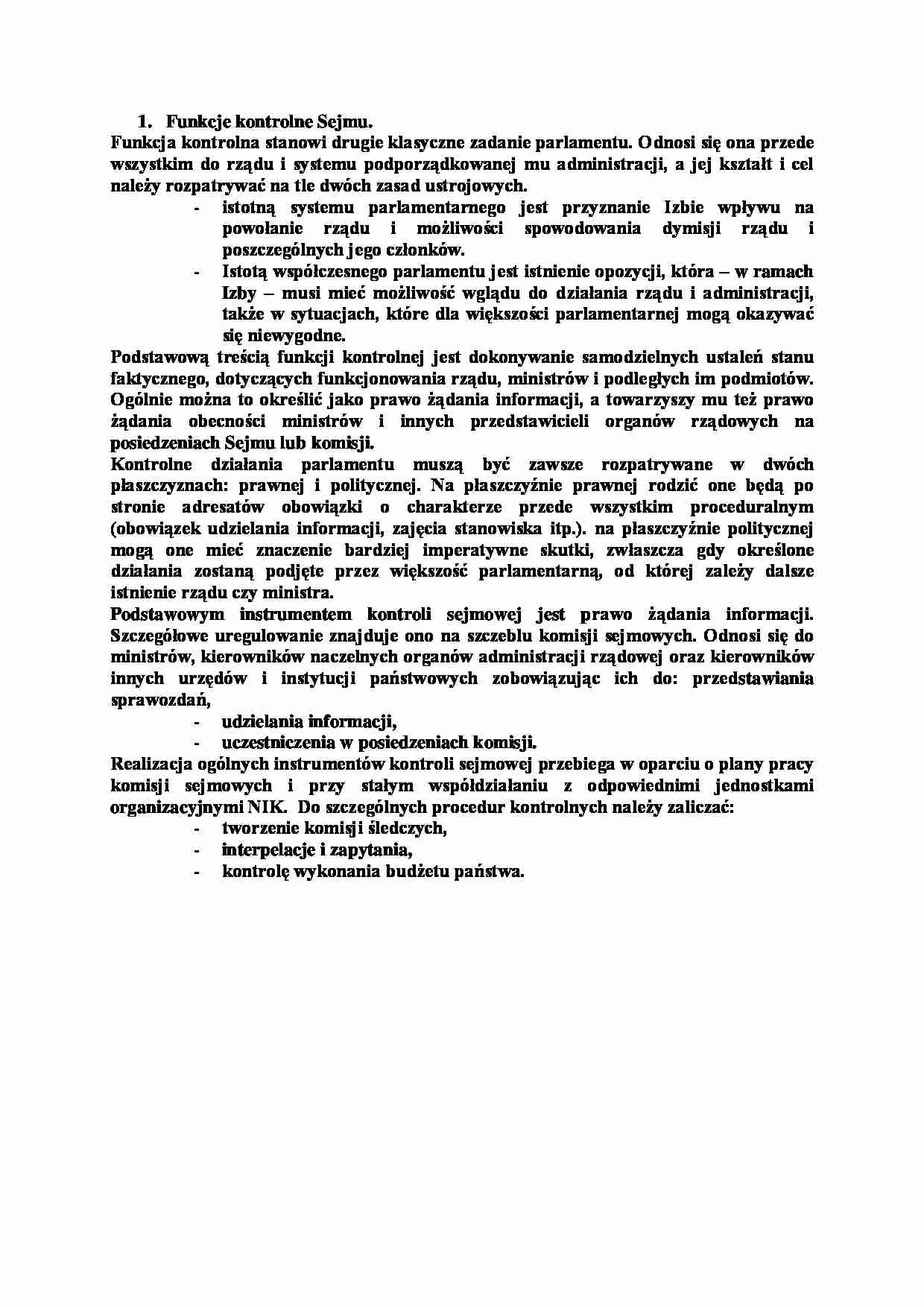 Funkcje kontrolne Sejmu-opracowanie - strona 1
