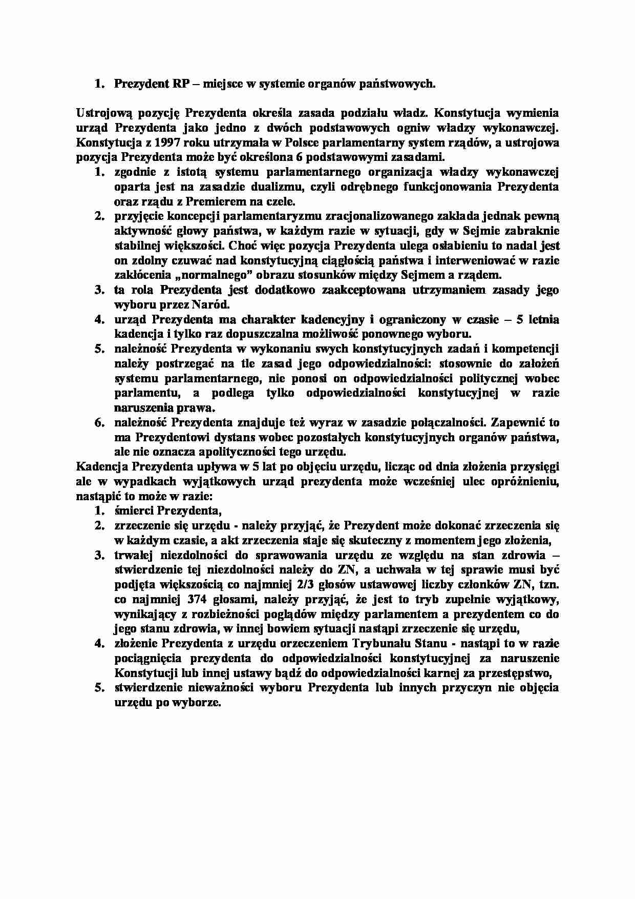 Miejsce  prezydenta RP w systemie organów państwowych-opracowanie - strona 1