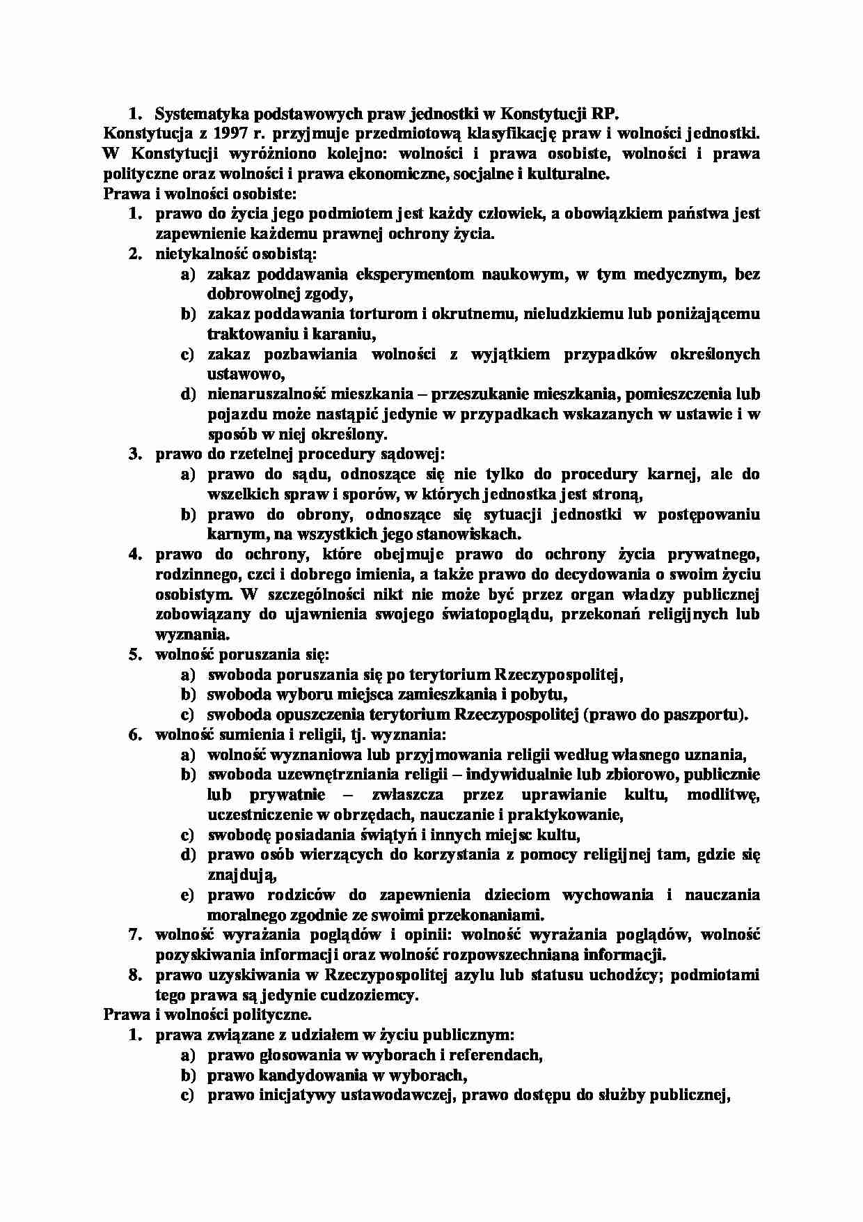 Systematyka podstawowych praw jednostki w Konstytucji RP-opracowanie - strona 1