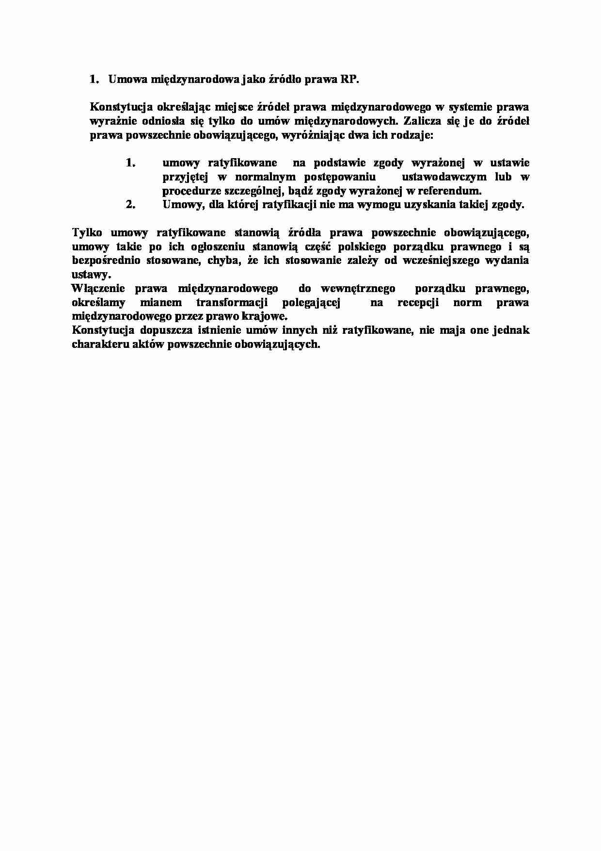 Umowa międzynarodowa jako źródło prawa RP-opracowanie - strona 1