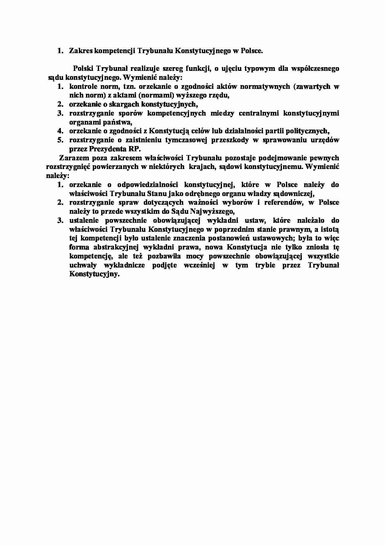 Zakres kompetencji Trybunału Konstytucyjnego w Polsce-opracowanie - strona 1