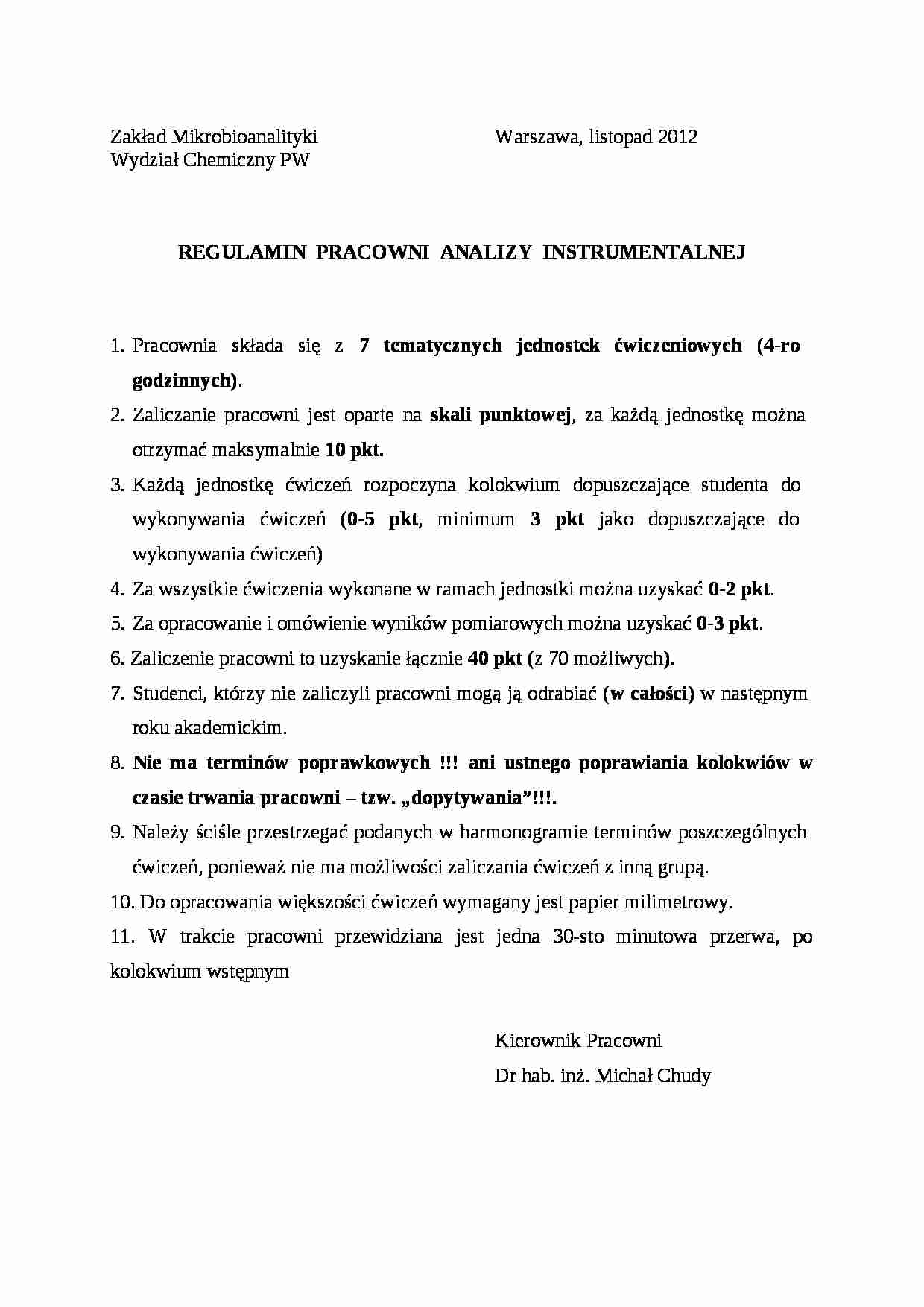 Regulamin pracowni analizy instrumentalnej - wykład - strona 1