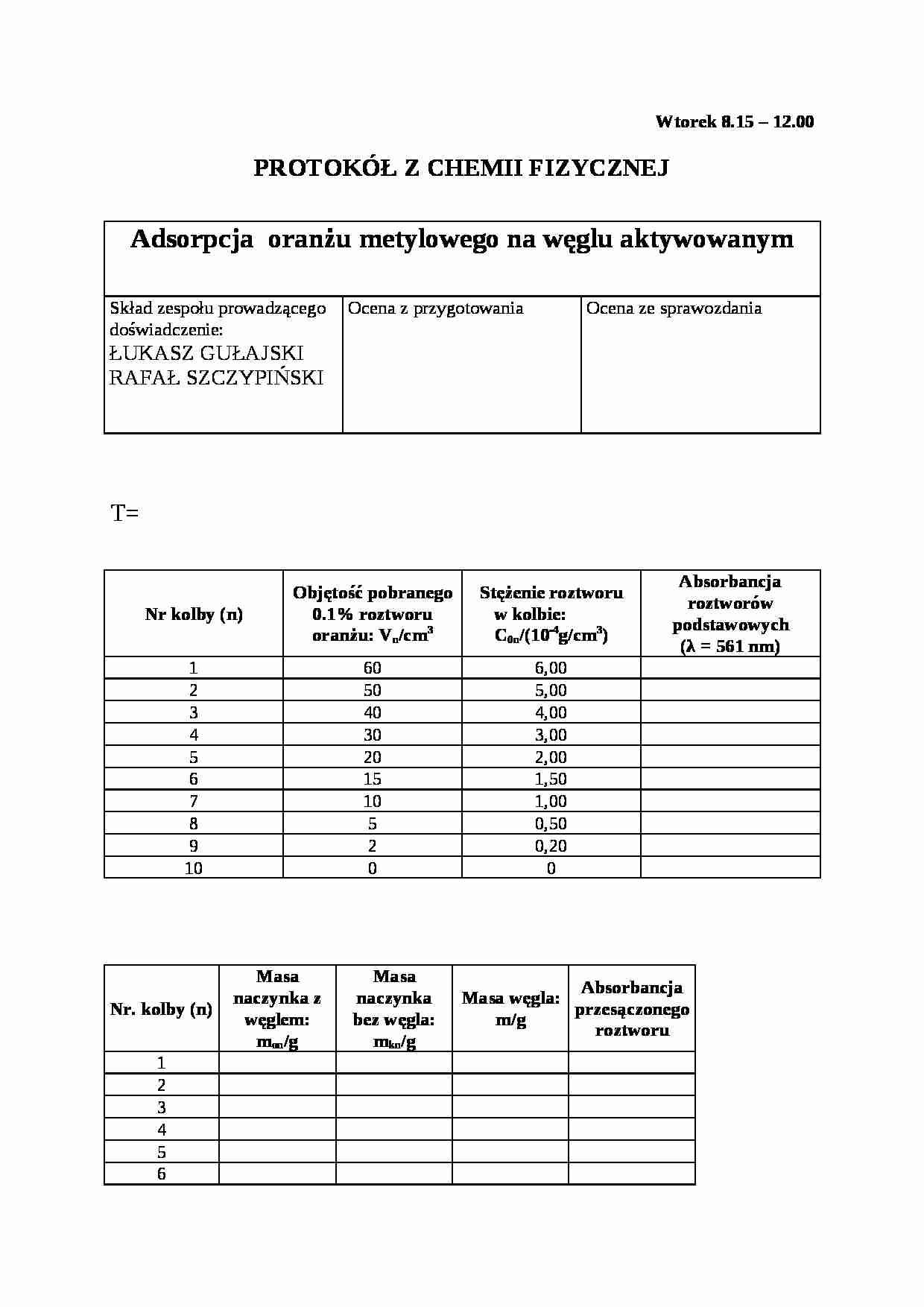 Adsorpcja oranżu metylowego na węglu aktywowanym - sprawozdanie - strona 1