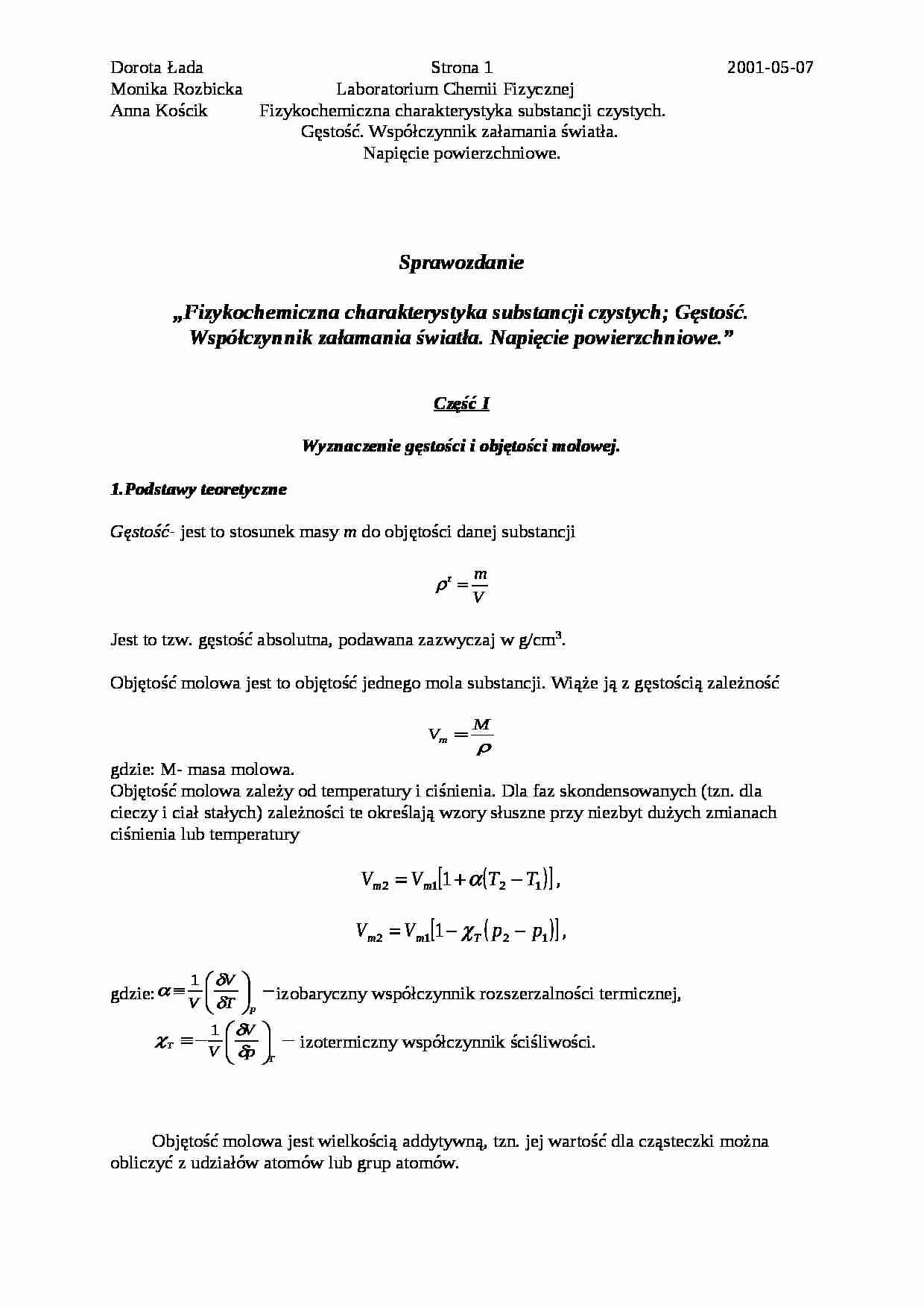 Fizykochemiczna charakterystyka substancji czystych - wykład - Kalibracja piknometru - strona 1