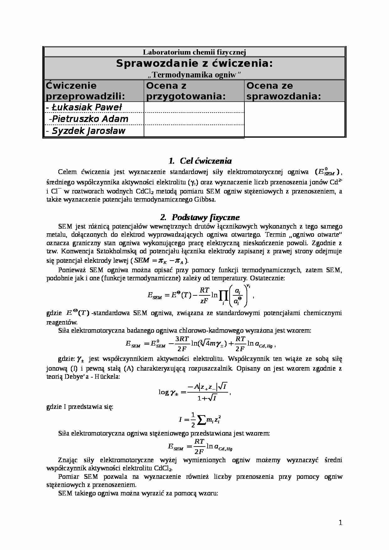 Termodynamika ogniw - sprawozdanie - strona 1