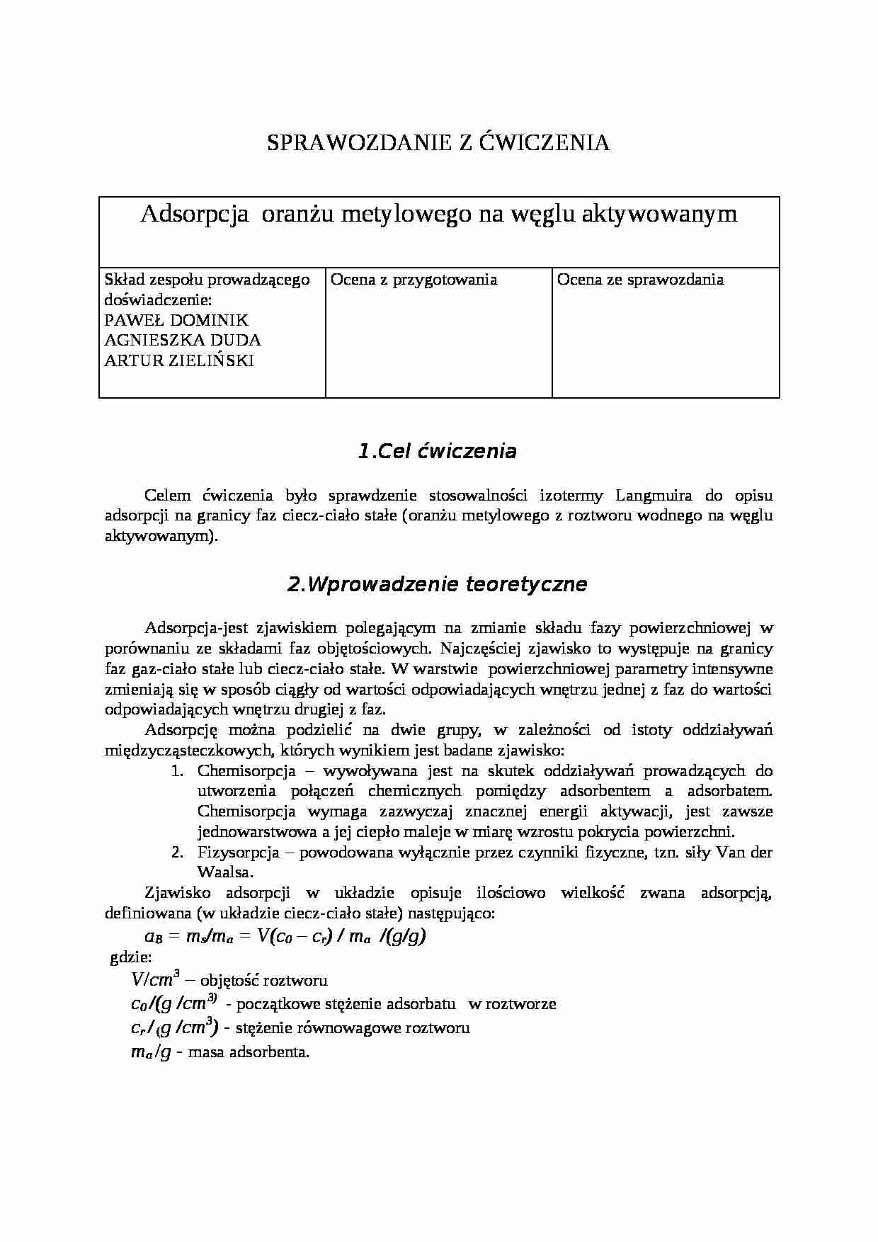 Adsorpcja oranżu metylowego na węglu aktywowanym - sprawozdanie - Szlif laboratoryjny - strona 1