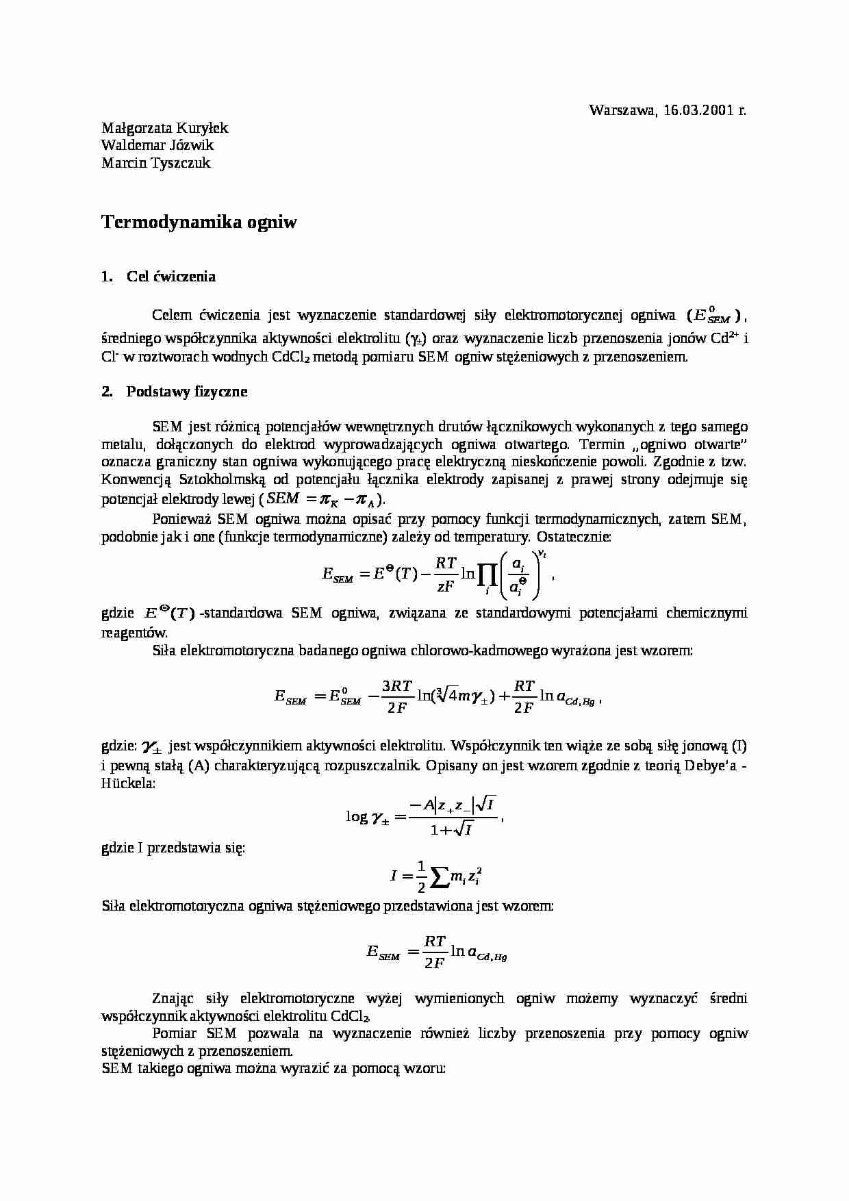 Termodynamika ogniw - ćwiczenia - strona 1