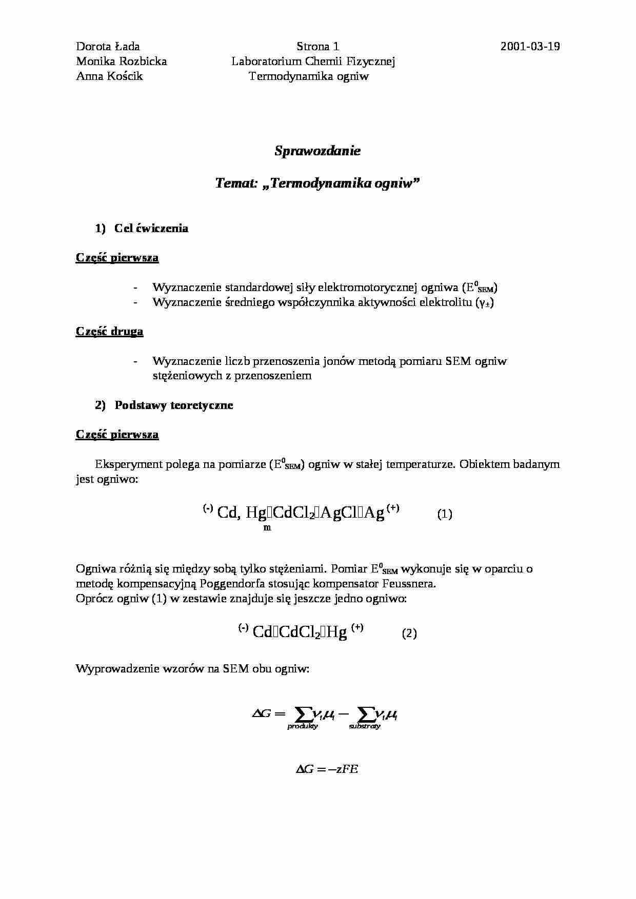 Termodynamika ogniw - sprawozdanie - strona 1