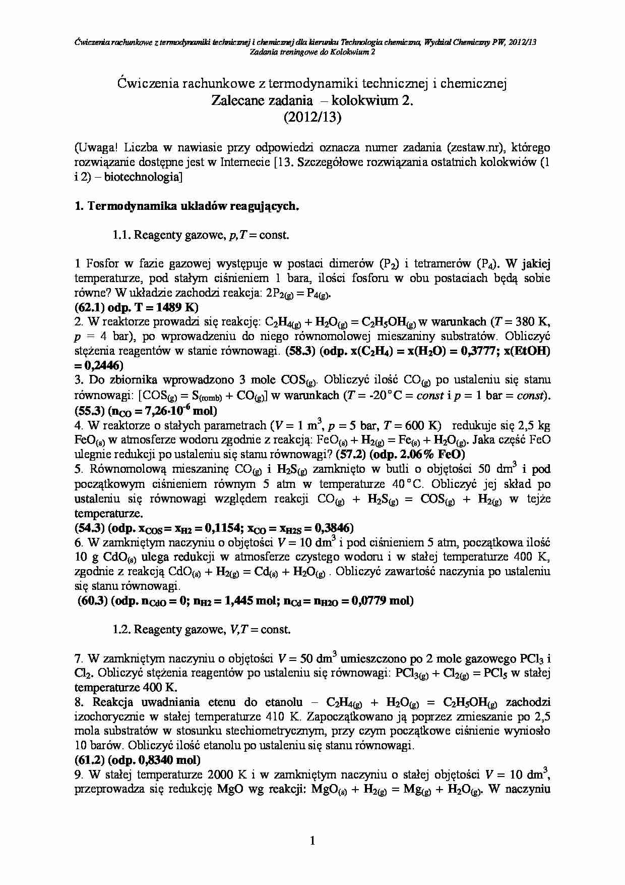 Ćwiczenia rachunkowe z termodynamiki technicznej i chemicznej - strona 1