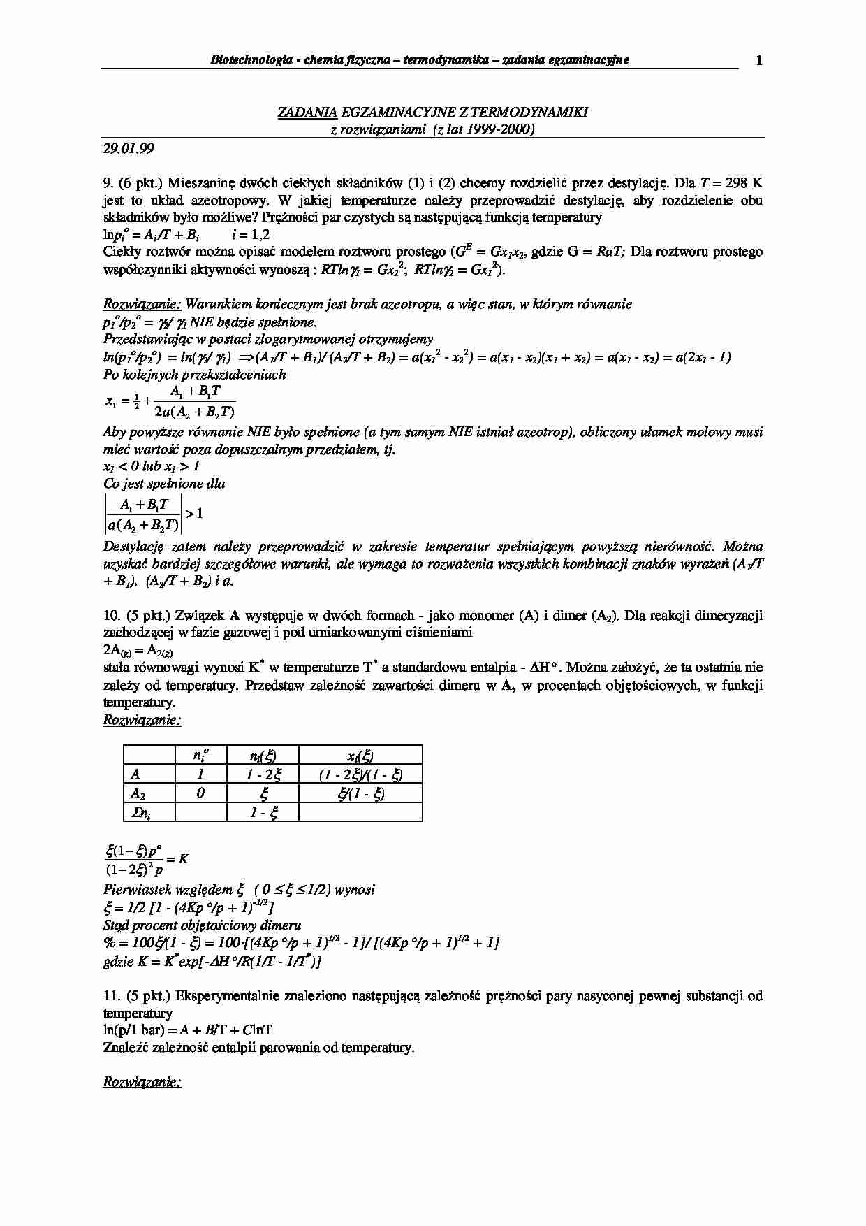 Zadania egzaminacyjne z termodynamiki - strona 1