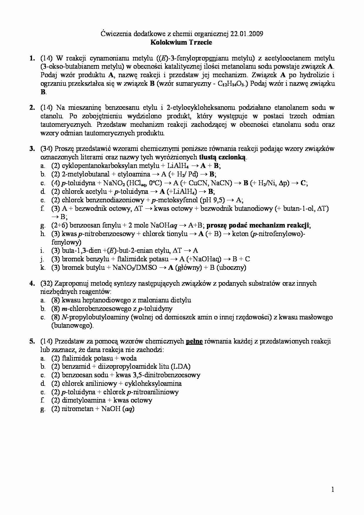   Ćwiczenia dodatkowe z chemii organicznej - Równanie reakcji - strona 1