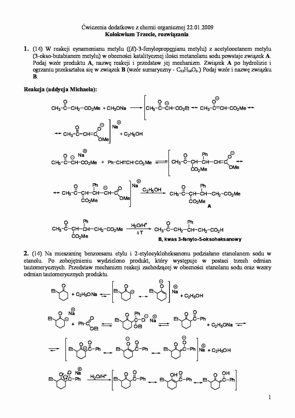   Ćwiczenia dodatkowe z chemii organicznej - addycja Michaela - strona 1