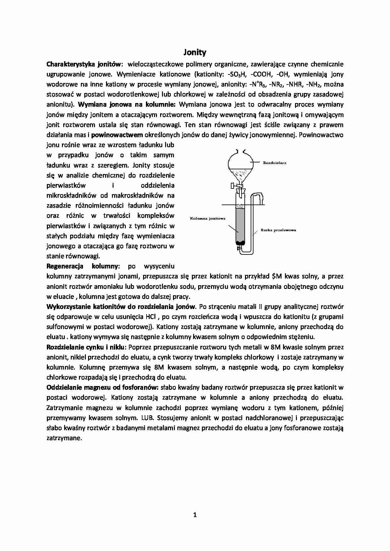 Chemia Analityczna - wykład - Charakterystyka jonitów - strona 1