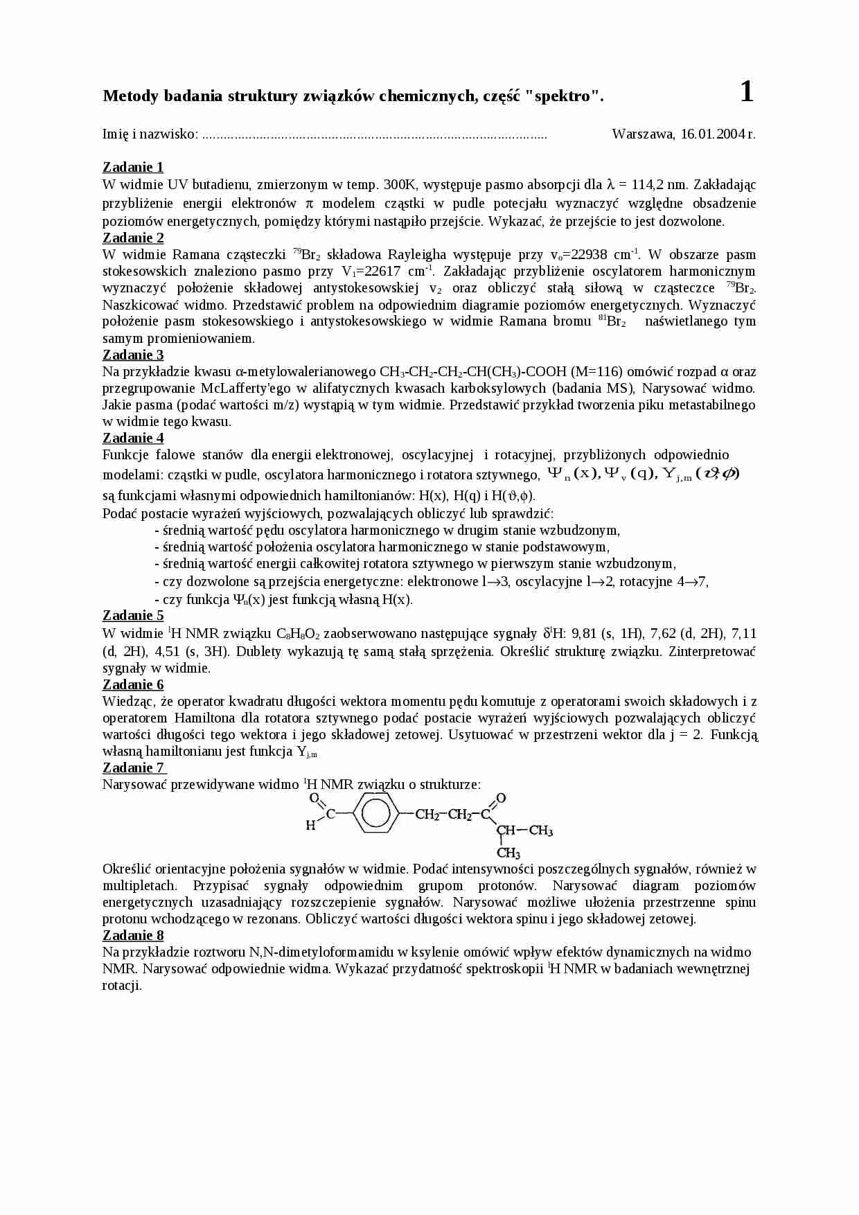 Metody badania struktury związków chemicznych - wykład - Funkcje falowe - strona 1
