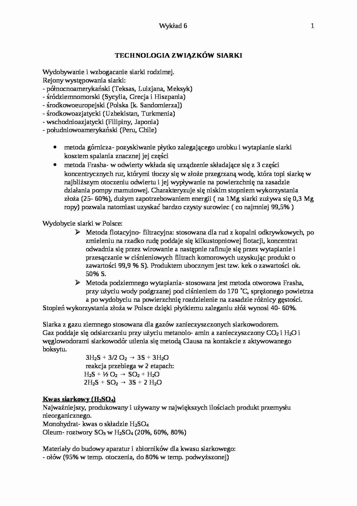 Technologia związków siarki-opracowanie - strona 1