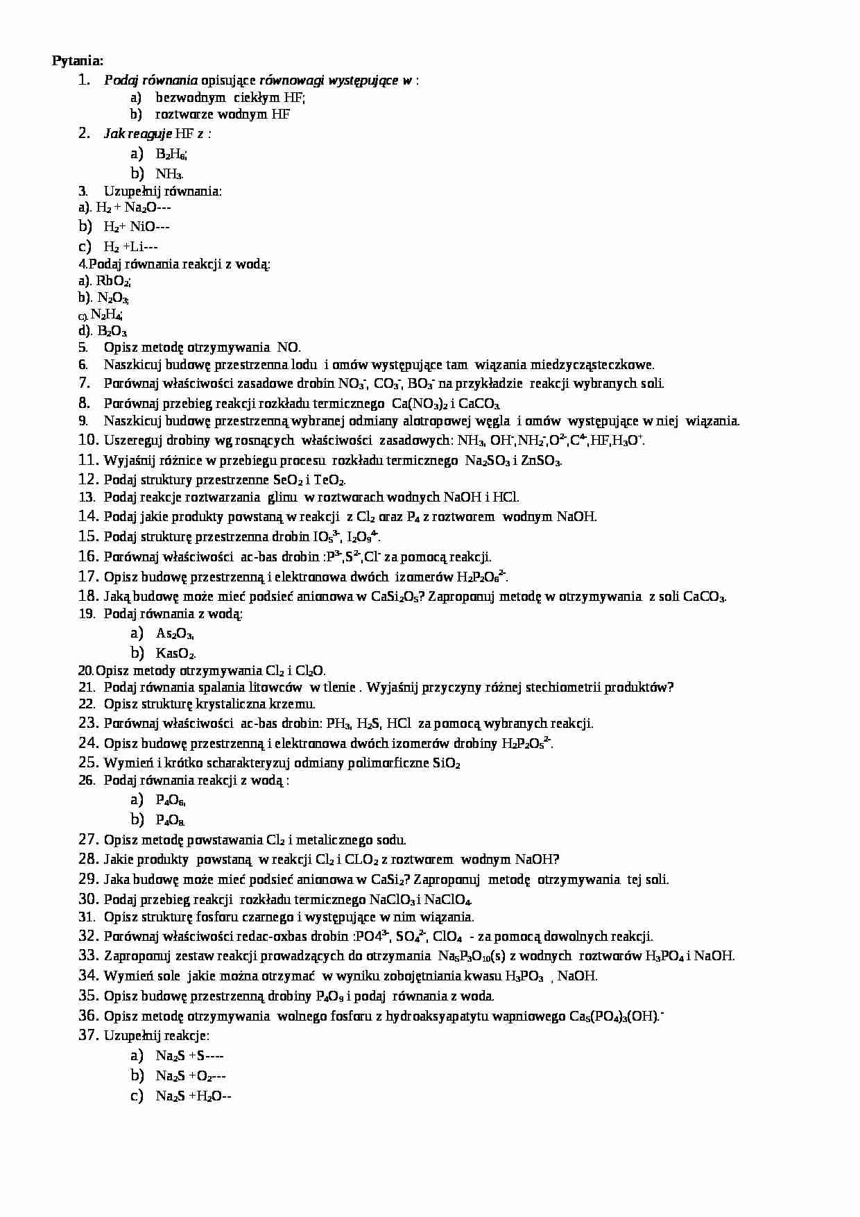 Chemia nieorganiczna - przykładowe pytania na egzamin - strona 1
