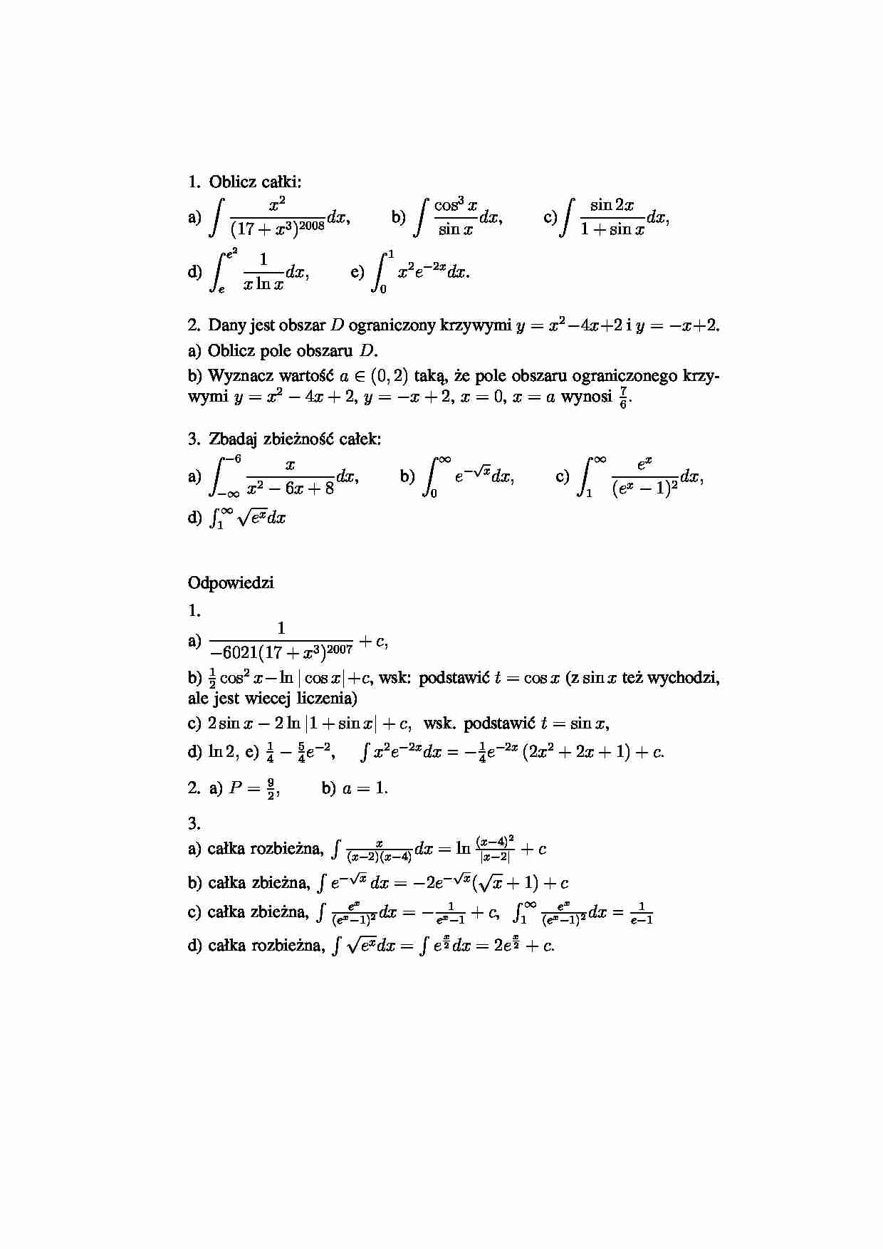 Matematyka - przykładowe zadania z całek - strona 1